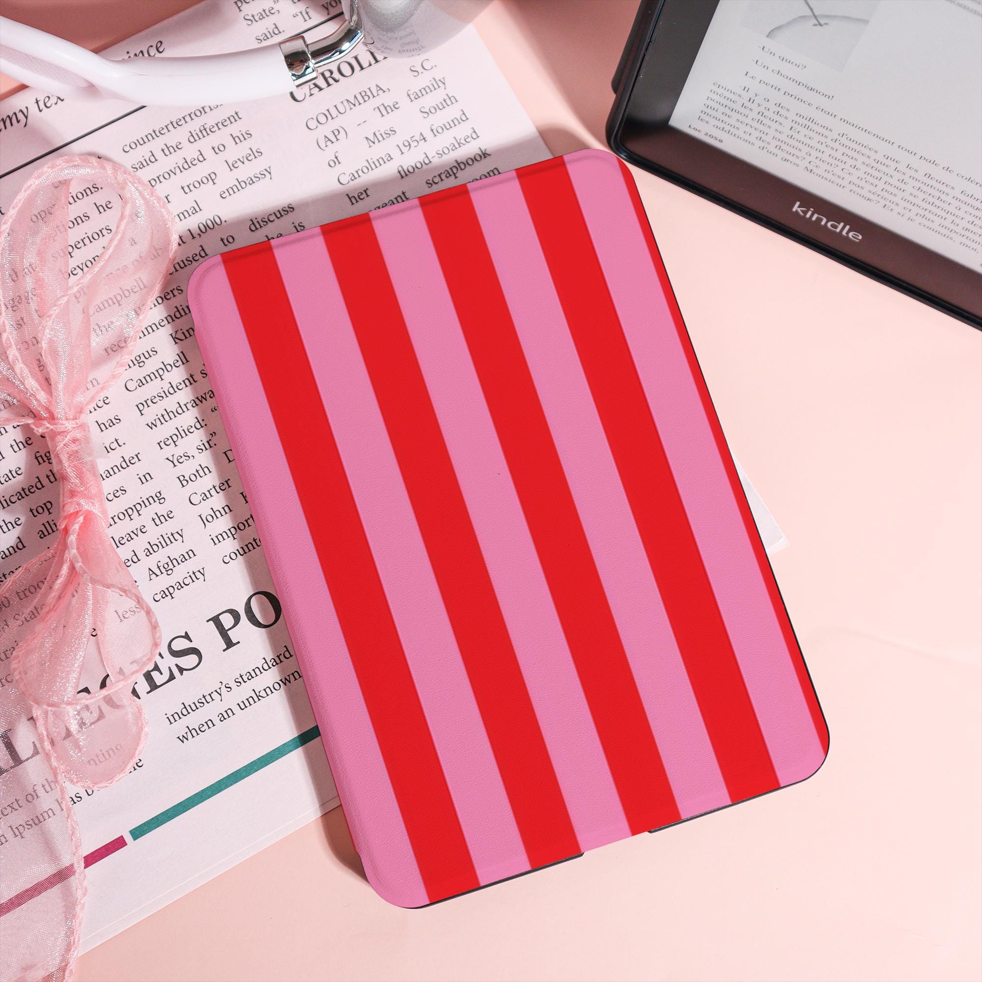 Custodia Kindle a righe rosse e rosa retrò, custodia Kindle PW 2024, custodia morbida colorata Paperwhite 11/6/12, custodia Kobo Clara Bow, custodia K