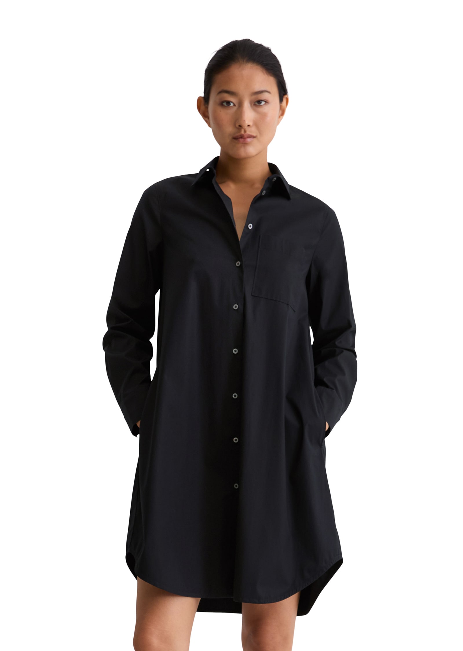 Hemdblusenkleid MARC O'POLO "aus Baumwoll-Stretch", Damen, Gr. 32, Normalgrößen, blau (deep night blau), Obermaterial: 98% Baumwolle, 2% Elasthan, unifarben, relaxed fit knielang, Manschette, Kleider