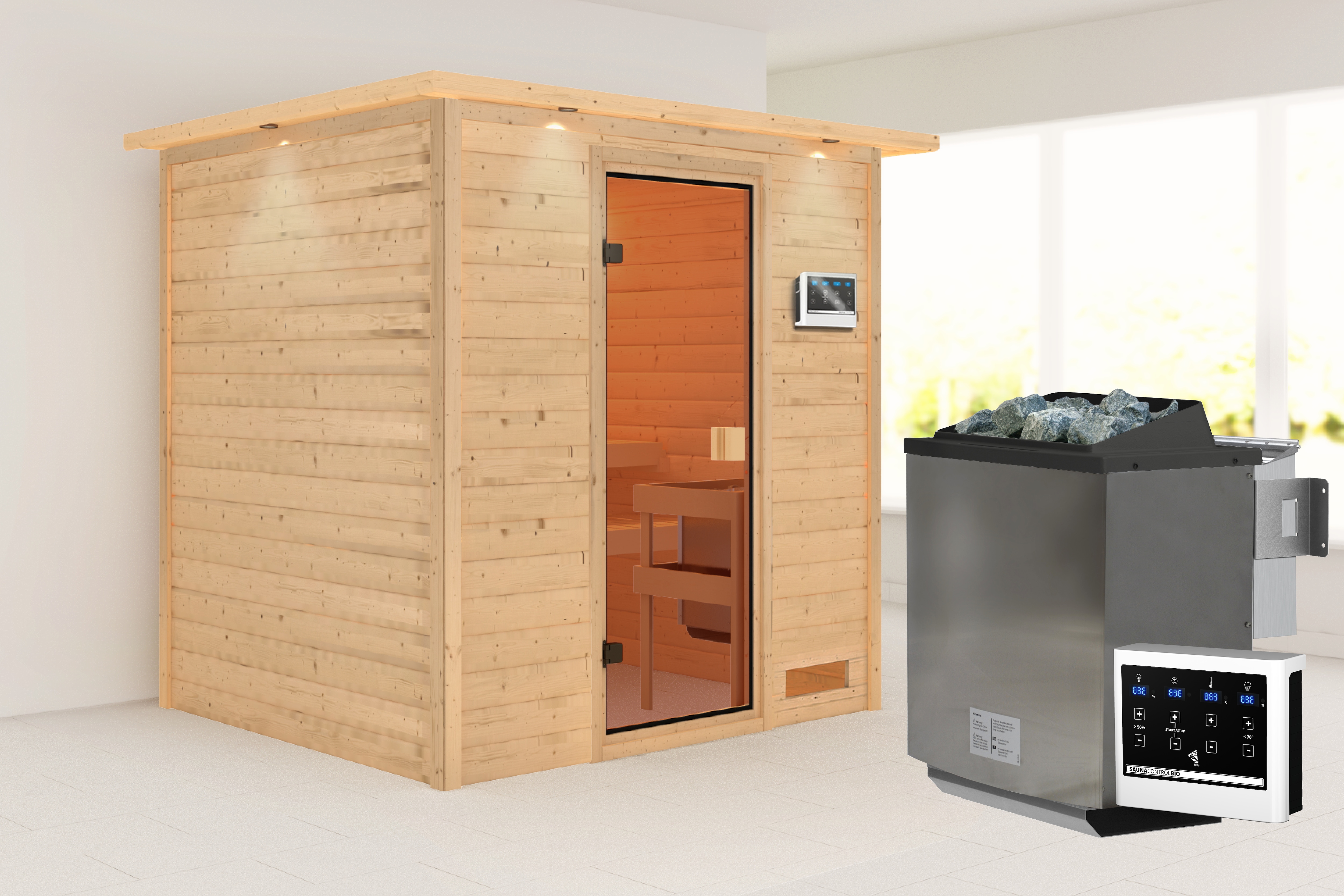 Sauna KARIBU "Ricky" mit bronzierter Tür und Kranz, naturbelassen", beige (naturbelassen), Bio-Kombiofen, externe Steuerung, 400 kW, Saunen, aus hochwertiger nordischer Fichte Image