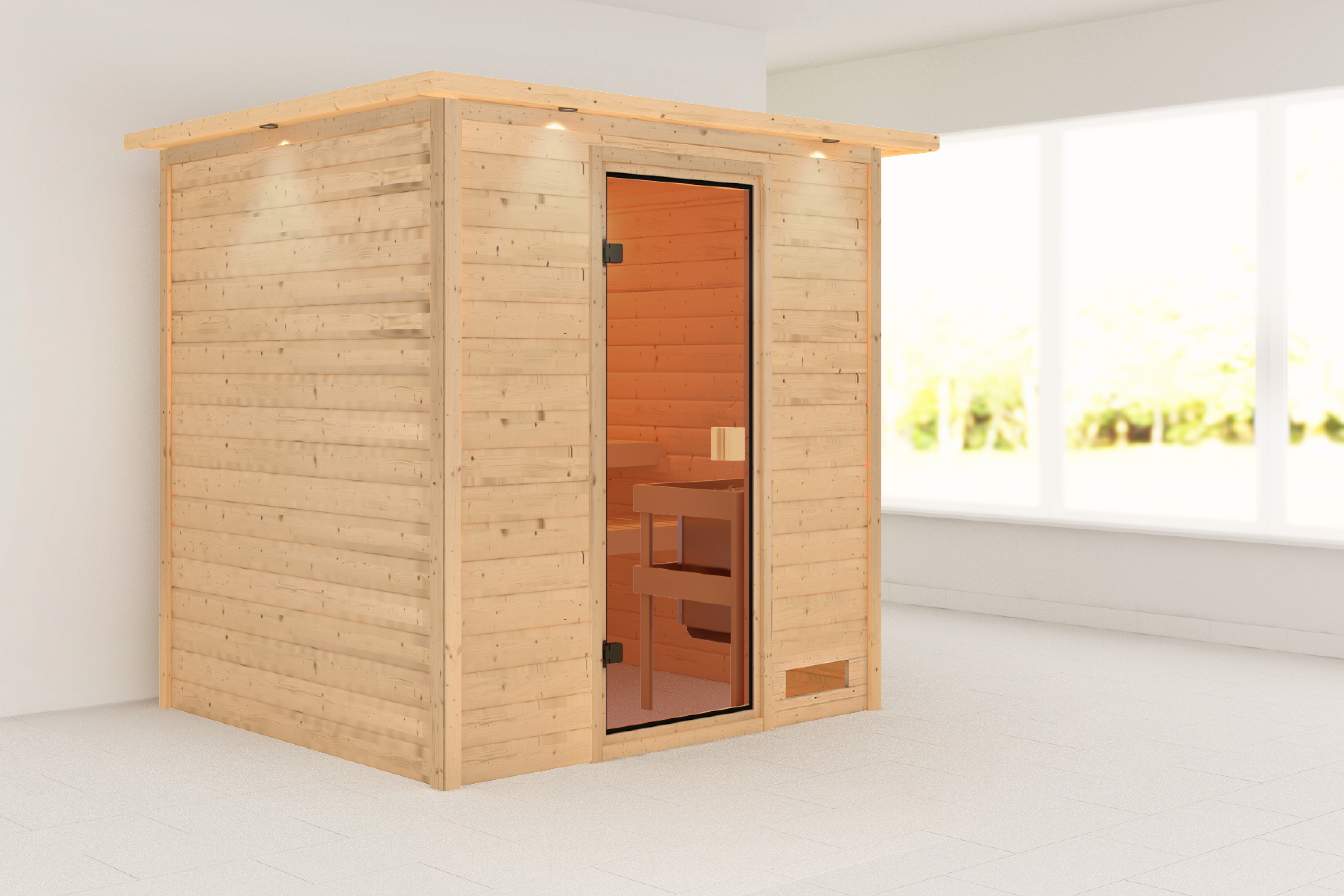 Sauna KARIBU "Ricky" mit bronzierter Tür und Kranz, naturbelassen", beige (naturbelassen), ohne Ofen, ohne Steuerung, (ohne Ofen), Saunen, aus hochwertiger nordischer Fichte. 9 kW Ofen und integr. Steuerung