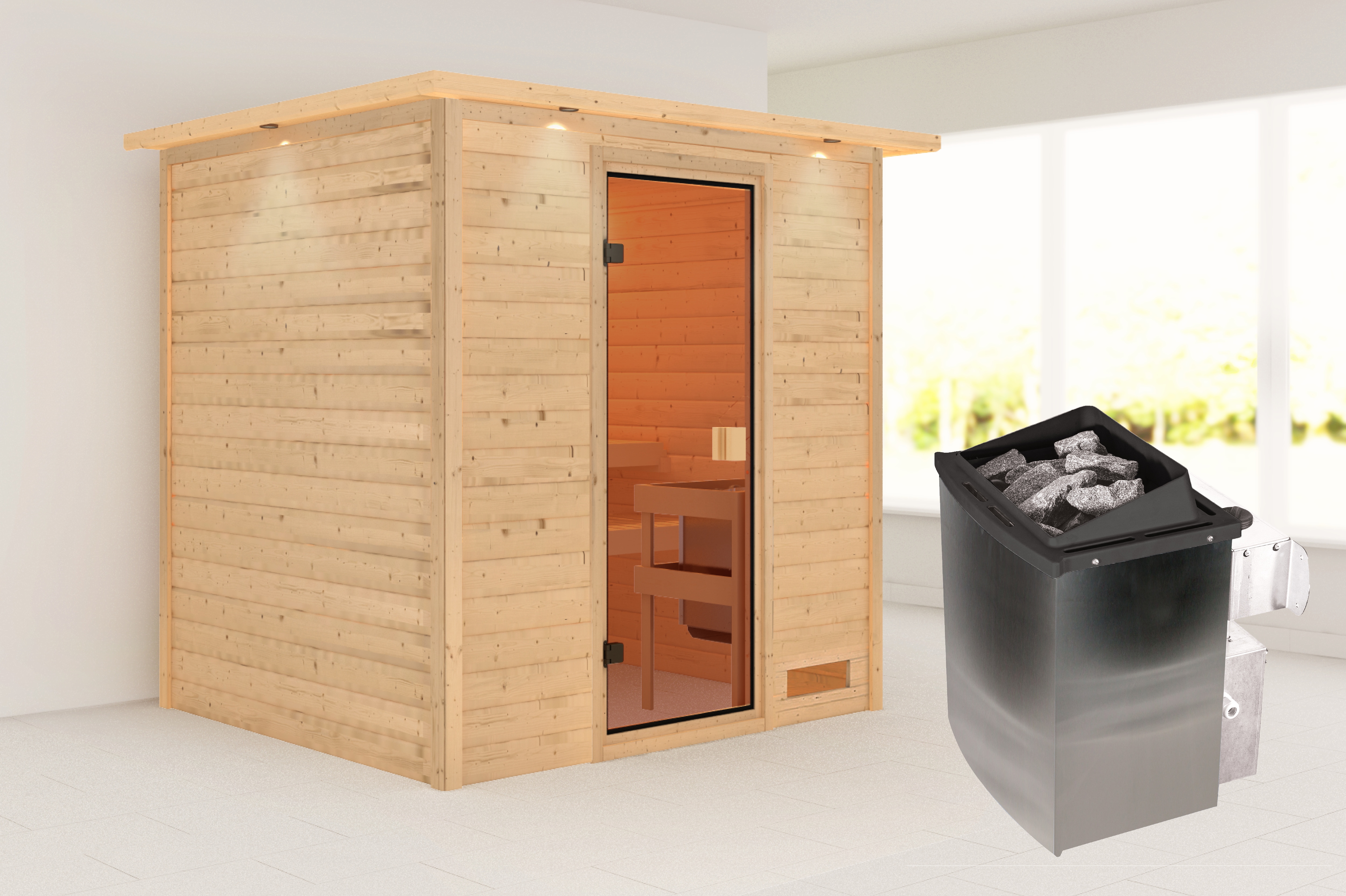 Sauna KARIBU "Ricky" mit bronzierter Tür und Kranz, naturbelassen", naturbelassen, Saunaofen, integrierte Steuerung, 400 kW, Saunen, aus hochwertiger nordischer Fichte. 9 kW Ofen und integr. Steuerung Image