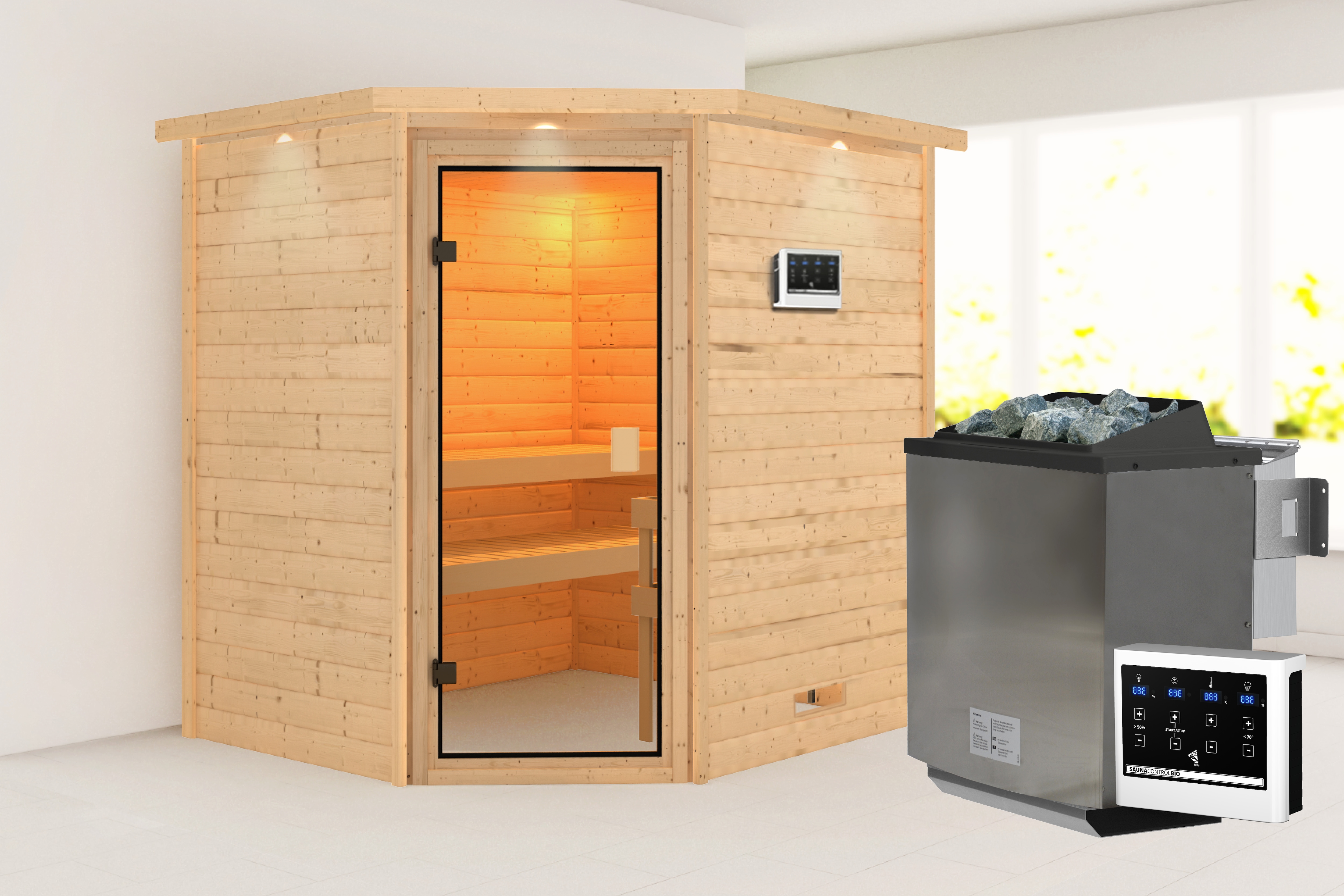 Sauna KARIBU "Trixi" mit bronzierter Tür und Kranz, naturbelassen", beige (naturbelassen), Bio-Kombiofen, externe Steuerung, 400 kW, Saunen, aus hochwertiger nordischer Fichte Image
