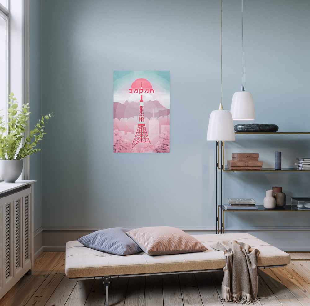 Leinwandbild KOMAR "Vintage Travel Japan - Größe 40 x 60 cm", bunt (farbe bild(er): rosa, türkis), B:40cm, Holz, Papier, Bilder, Keilrahmenbild mi Echtholzrahmen Image