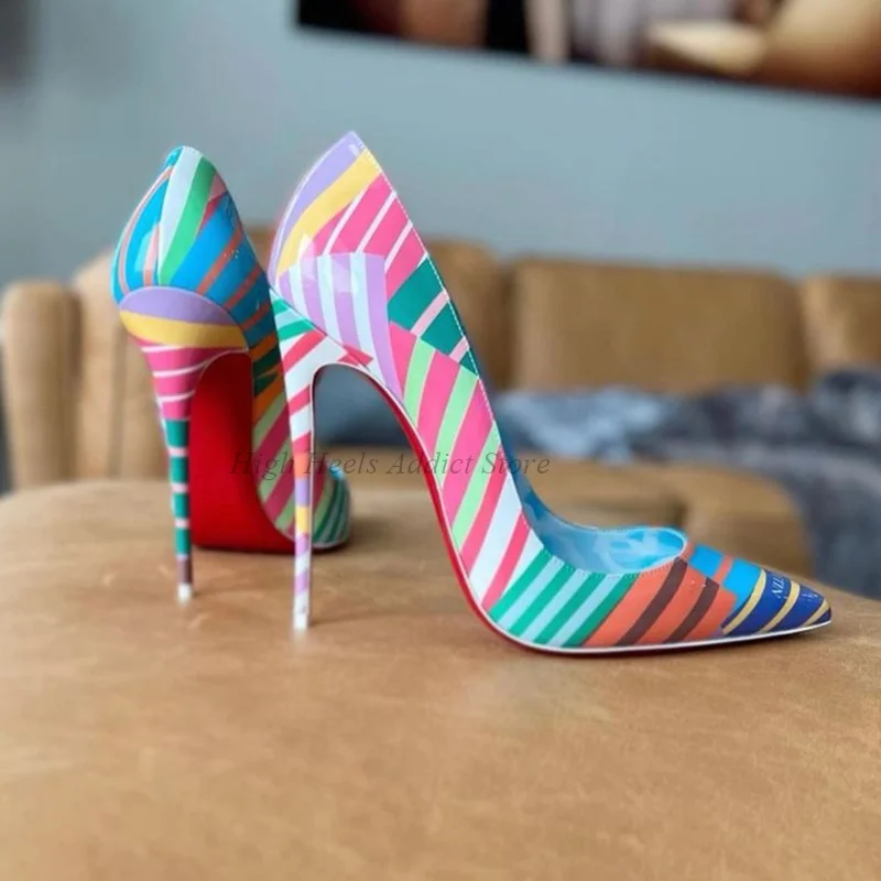 Farbe Streifen Sexy Leder High Heels frauen Große Größe Spitz Stilettos Pumpen Neue Luxus Designer Dating Party Schuhe