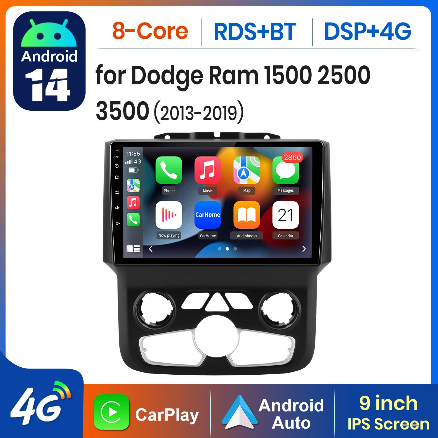 AWESAFE AI 4G LTE Wireless CarPlay Android Auto Car Radio For Dodge Ram 1500 2500 3500 2013 2014-2018 GPS Navi BT DSP RDS FM
