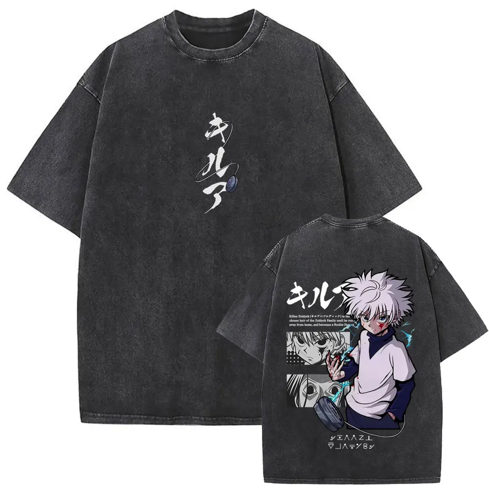 Gewaschenes Vintage Anime Hunter X Hunter T-Shirt Killua Zoldyck Grafik-T-Shirts für Männer und Frauen, Baumwolle, lässig, übergroße T-Shirts mit Rundhalsausschnitt