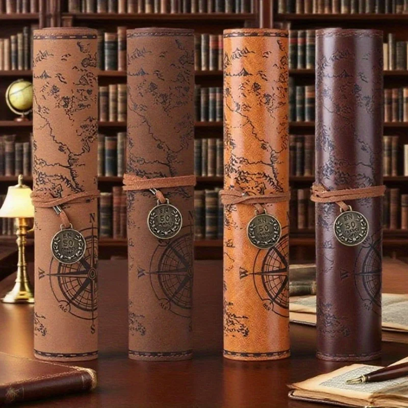 Creative Treasure Map Storage Pen Case, Simple Retro Faux Leather Large-capacity Pen Roll Case, Home & School Office Supplies.