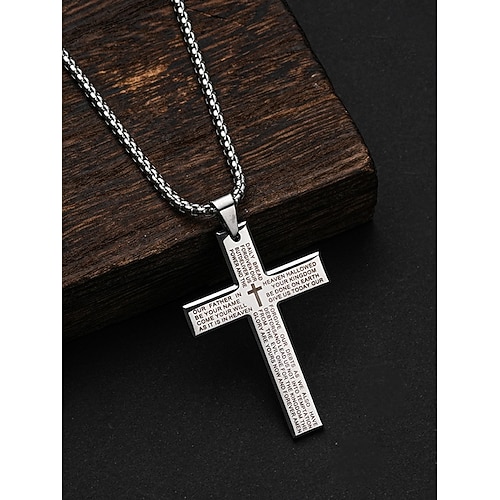 Collana con ciondolo a croce in acciaio al titanio da uomo con incisione del Padre Nostro, catena di gioielli religiosi per la fede cristiana, da indossare ogni giorno e come regalo
