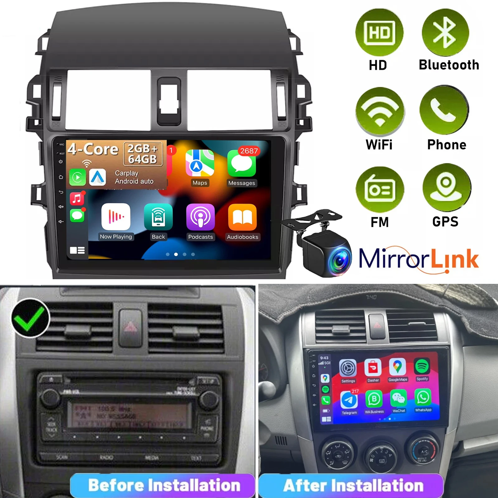 ESSGOO 9 inch 2 DIN Android 14 Car Radio For TOYOTA COROLLA 2009-2013 Carplay Android Auto Car Stereo GPS Navi FM BT