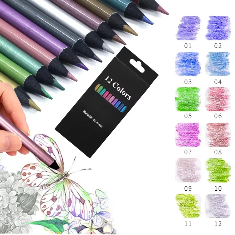 12Pcs Metallic Buntstift Ungiftig Holz Skizzieren Set Zeichnung Bleistift Buntstift DIY Kunst Liefert Färbung Hause Malerei Image