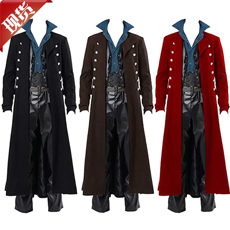 Vintage mittelalterliche Kostüme Steampunk Gothic Schwarz Rot Lange Jacke Mantel Vampir Cosplay Pirat Halloween Outfit Herren Trenchcoat
