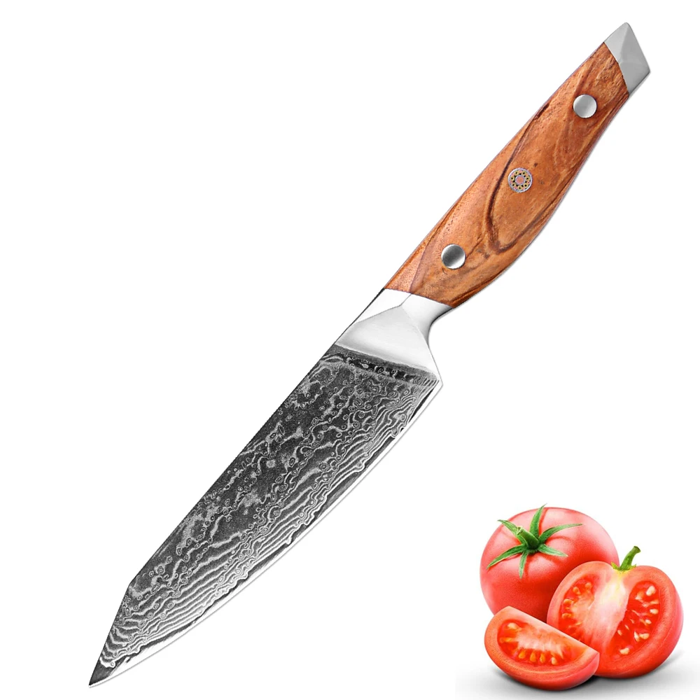 Professionelles 5-Zoll-Allzweckmesser, Küchenmesser Damaskus 67-lagiger Stahl, scharfes japanisches Kochmesser mit Griff aus Olivenholz Image