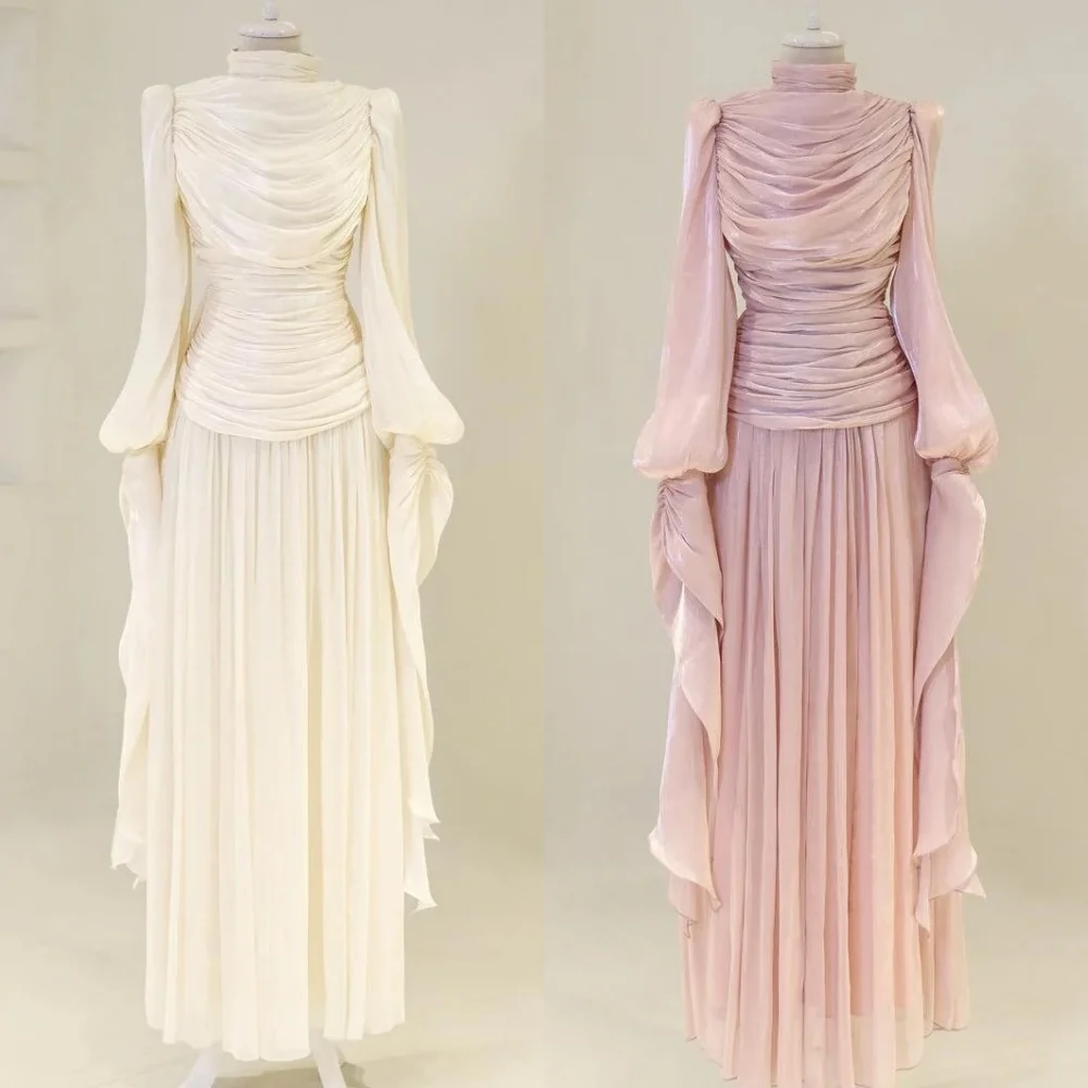 Customized Modern Style Intricate Pleat Ruched Draped A-line High Collar Long Dresses Bespoke Occasion Dresses Sizes Available