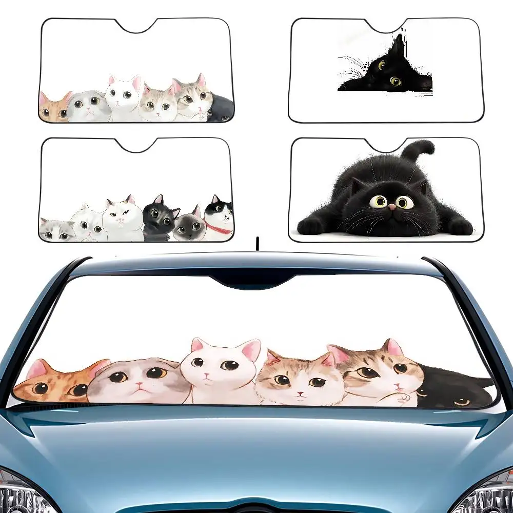 Schwarz-weiße Katze Auto Sonnenschutz Windschutzscheibe Frontscheibe Visier 70 x 130 cm Sonnenblende Solar schützen kariertes Geschenk Neuheit Auto Image