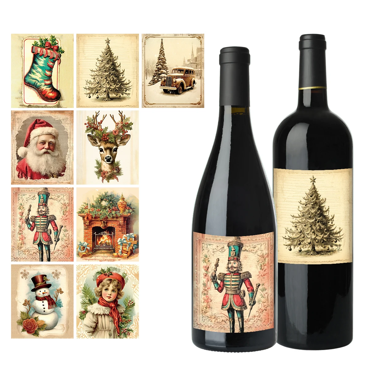 9 Stück Vintage-Weihnachtsgeschenkpapier-Aufkleber, selbstklebende Aufkleber-Etiketten für Weinflaschen, Schnaps, Gläser, Bastel-Scrapbooking, Party-Dekoration Image