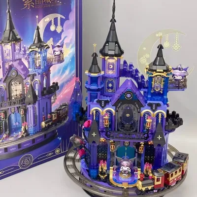 Sanrio Kuromi Amethyst Castle Building Blocks Model Ornaments Large-scale Movable Assembling Street View Toys Collection Gifts