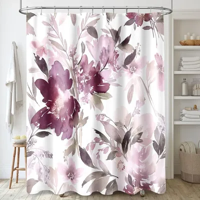 Mauve Floral Shower Curtain, Watercolor Flower Shower Curtain for Bathroom, Modern Abstract Ink Decorative Fabric Shower Curtain