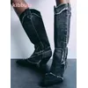 Kristall Cowboy Kniehohe Stiefel Denim Stoff Vintage Spitzschuh Quadratischer Absatz Slip-On Mischfarbe Glänzend Mode Neuheit Damenschuh