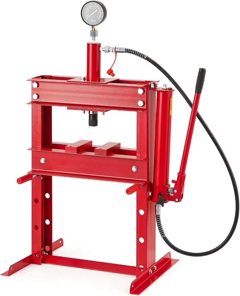 10T Hydraulic Press, 10 Ton H-Frame Garage Hydraulic Shop Press with Pressure Gauge, Adjustable Hydraulic Press with Plates, Red