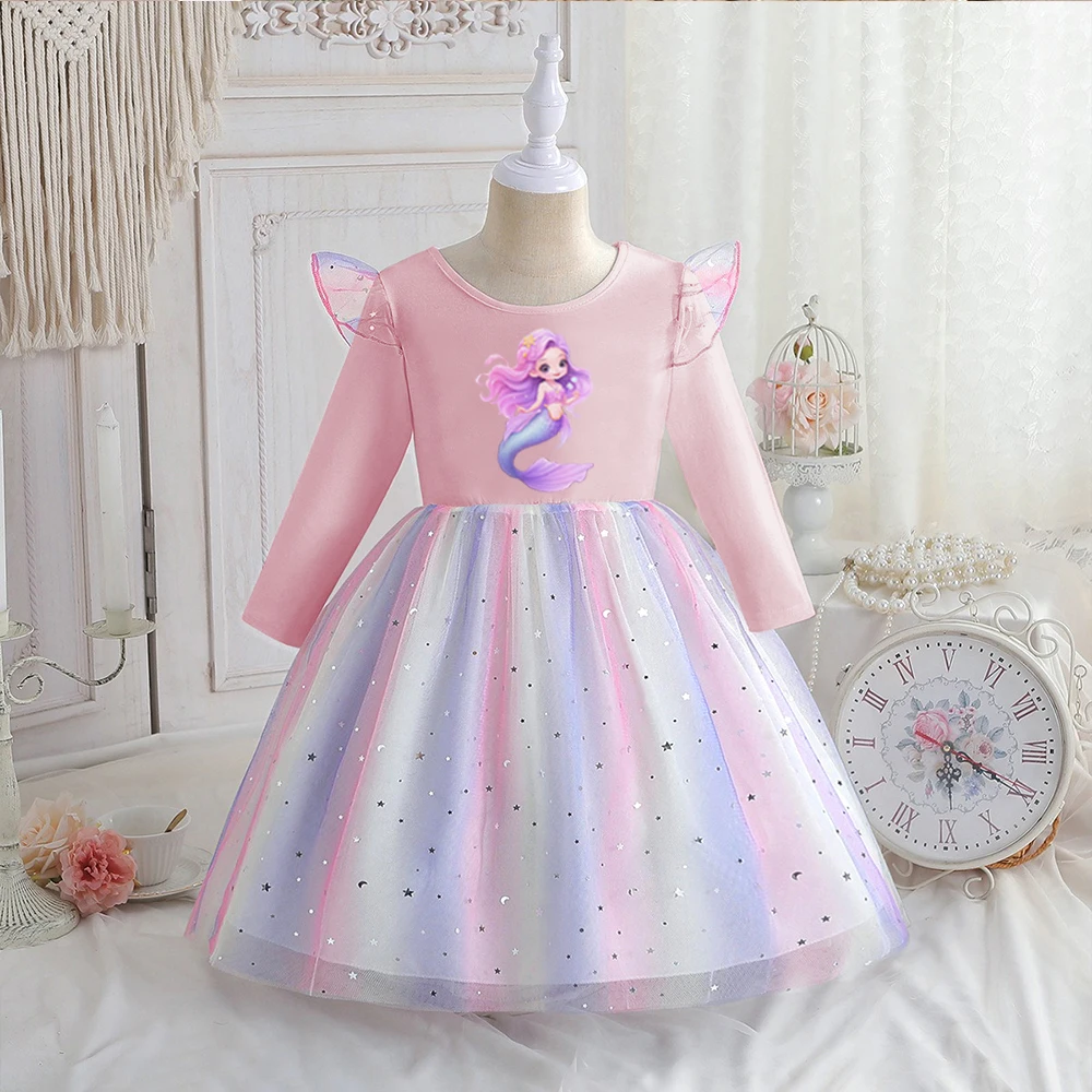 Kinder Kleidung Ariel Prinzessin Kleid Disney Frühling Herbst Mädchen Baby Kleid Kleid Lange ärmeln Für Kinder Geburtstag Party Regenbogen Image