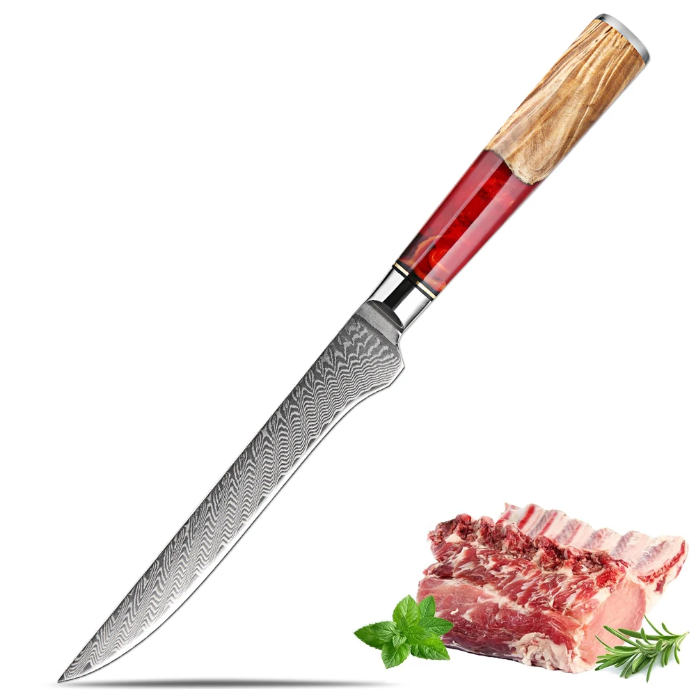 Professionelles Ausbeinmesser, 15,2 cm, japanisches 67-lagiges Damaststahl-Küchenmesser, Fischfiletmesser, roter Griff aus Harz und Holz Image