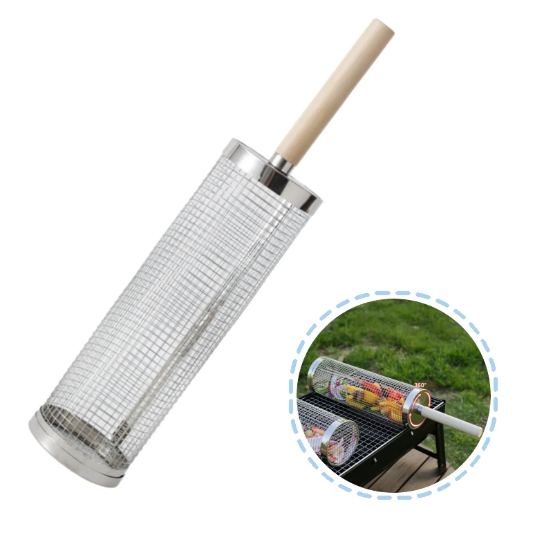 Outdoor Camping BBQ Korb, rollender Grillkäfig mit Holzgriff, Edelstahl Barbecue Barrel Barbecue Mesh Image
