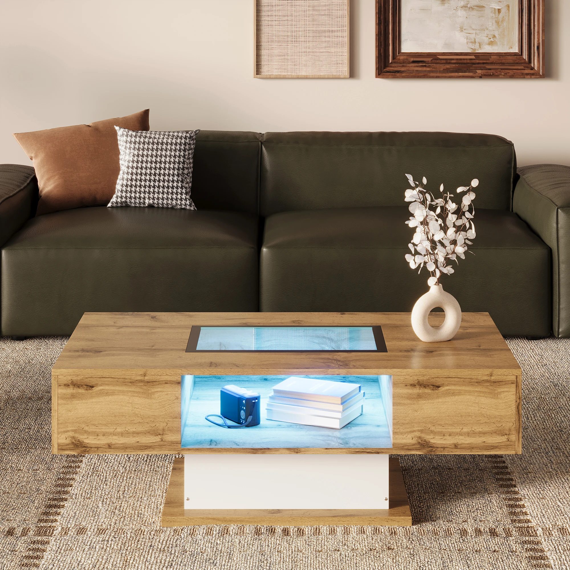 Anajqaqia Couchtisch, Wohnzimmertisch mit farbwechselndem LED-Licht, mit Glas, Beistelltisch mit 2 Schubladen, 110,2 x 60 x 39,7 cm