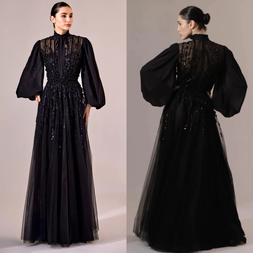 Customized Exquisite Net Sequined Pleat A-line High Collar Long Dresses Bespoke Occasion Intricate Chinese Style