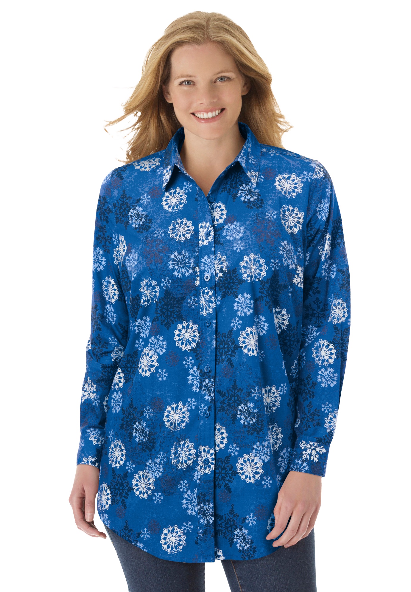 Plus Size Women's Perfect Long Sleeve Shirt by Woman Within in Deep Cobalt Snowflake (Size S)