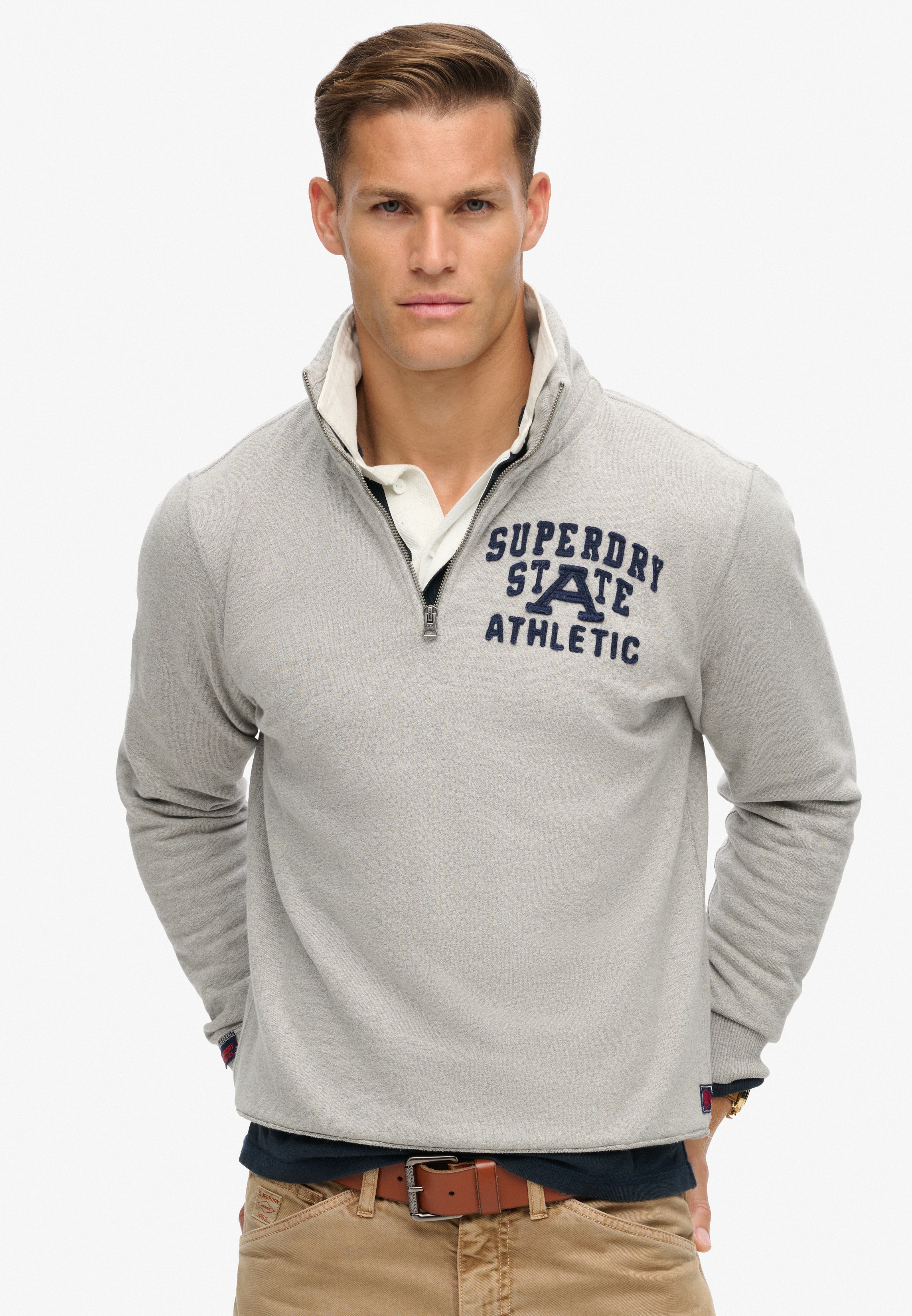 Sweatshirt SUPERDRY "VINTAGE ATHLETIC ZIP HENLEY", Herren, Gr. XXL, grau (vintage sweat light grau marl), angeraute Sweatware, Obermaterial: 100% Baumwolle, meliert, loose fit hüftlang, hoch geschlossener Ausschnitt, Rippbündchen, Sweatshirts...
