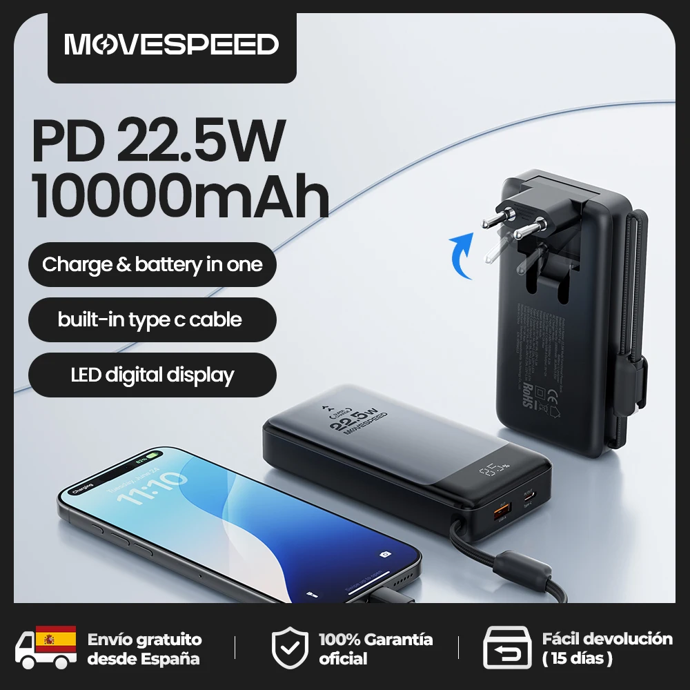 MOVESPEED MSP17 Power Bank 10000mAh 22,5W Chargeur rapide portable et batterie en un seul appareil avec prise EU pliable pour smartphone
