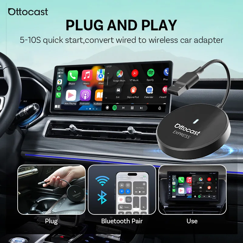 Ottocast Express 2-in-1-Mini-Adapter, kabelloser Carplay-Android-Auto-Dongle, schneller Anschluss, Plug-and-Play für Mercedes, Benz, Audi, Toyota, VW Image