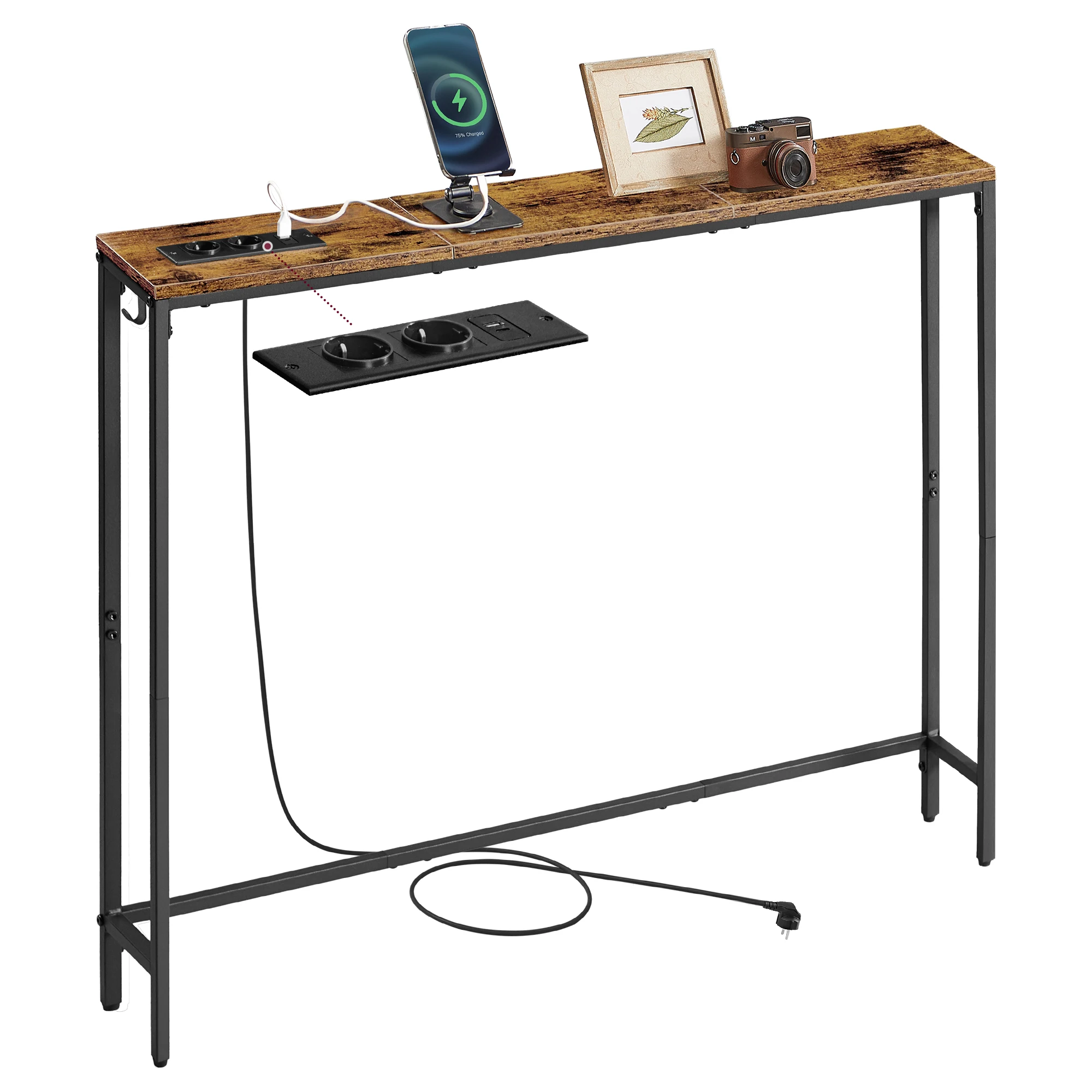 VASAGLE Konsolentisch, Flurtisch, schmales Design, 15 x 100 x 80 cm, mit Ladestation, Haken, 1 Set Image