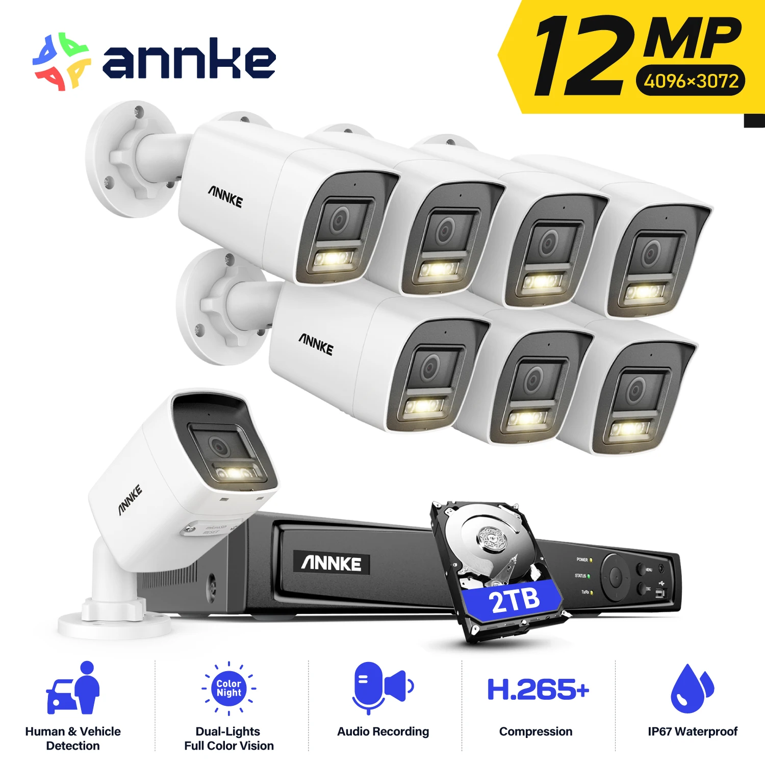 ANNKE 12MP POE Videoüberwachungssystem 8CH NVR mit 4/8 PCS 12MP Sicherheitskamera-Kit IP67 wetterfeste IP-Kamera für den Außenbereich Image