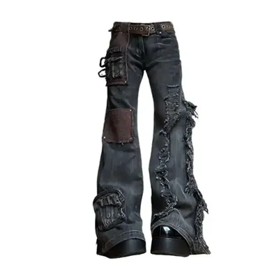 Women Grunge Japanese Cargo Hip Hop Flare Cargo Jeans Harajuku Low Rise Gyaru Y2K Denim Pants 2000s Aesthetic Bell-Bottom Goth