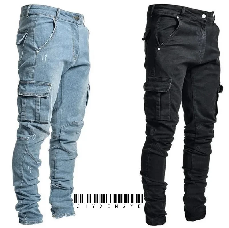 Neue Herren High Street Slim Fit Stretch Jeans Mode Multi Pocket Cargo Denim Hosen Elastische Jogging Hip Hop Hosen Plus Größe