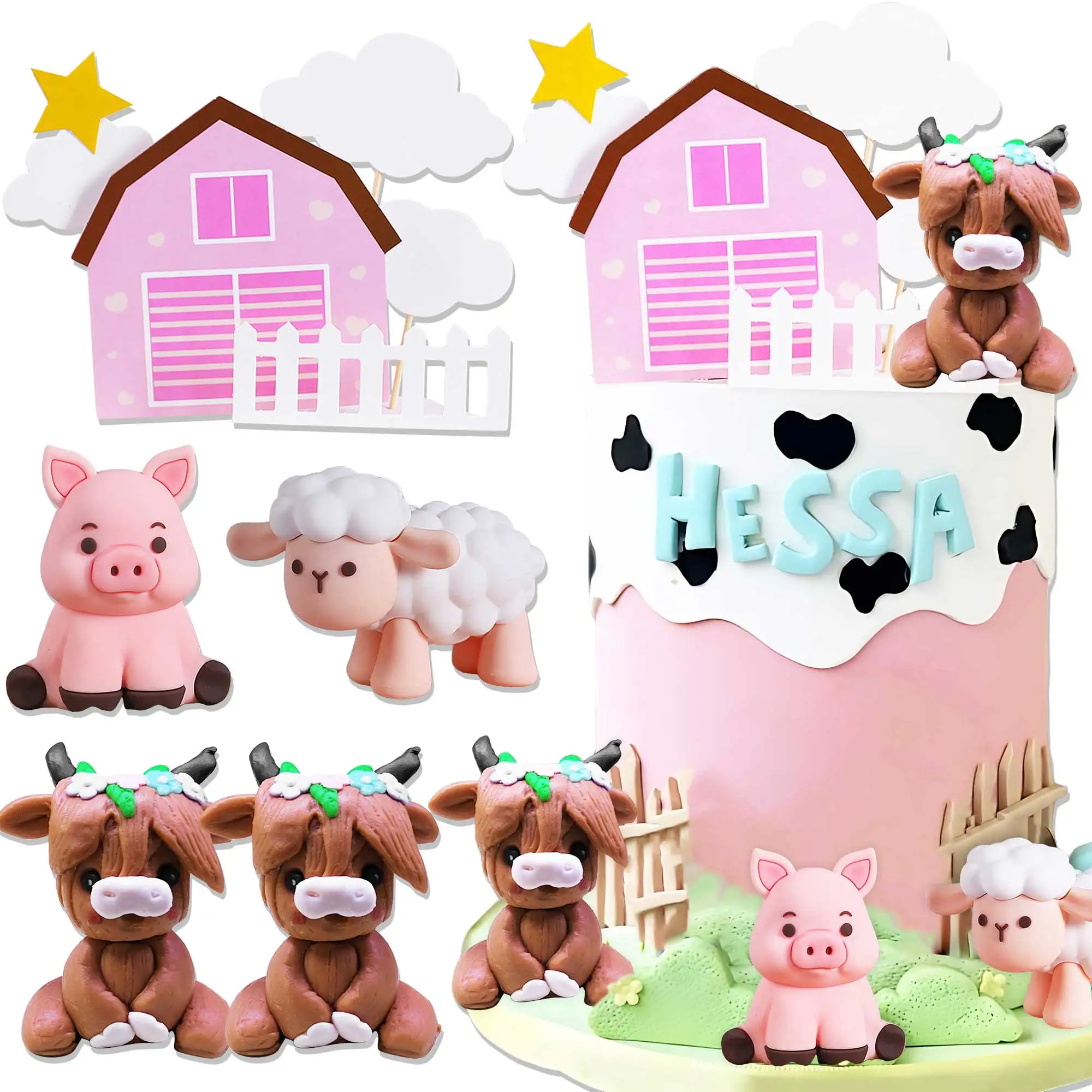 LaVenty Rosa Bauernhof Tier Kuchen Dekoration Schafe Kuchen Topper Bauernhof Tier Geburtstag Dekoration Kuh Kuchen Dekoration Schwein Kuchen Topper