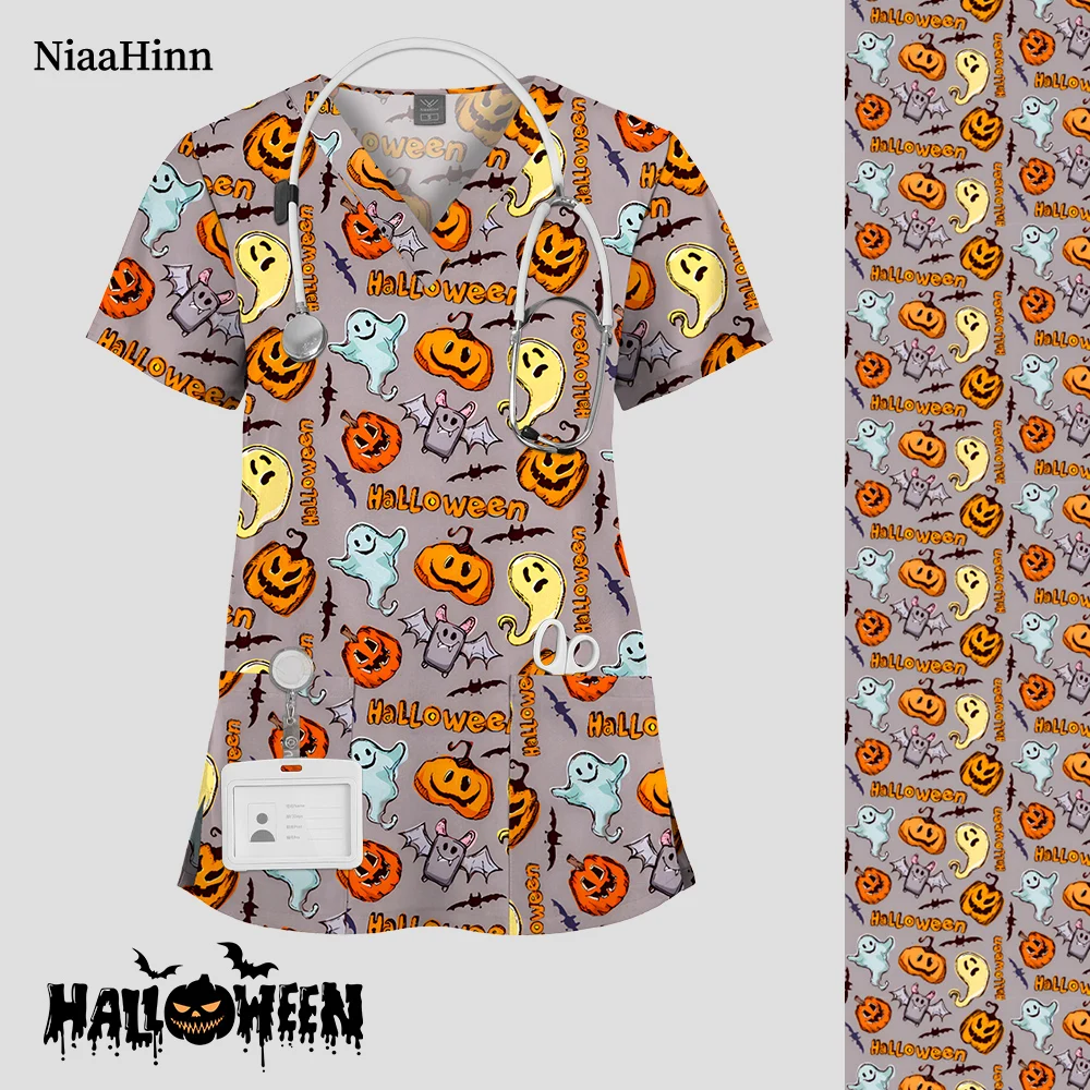 Niaahinn Halloween Gedruckt Peeling Tops Frauen Pet Klinik Arbeit Bluse Krankenschwester Zubehör Unisex Kurzarm V-ausschnitt Druck Uniform Image