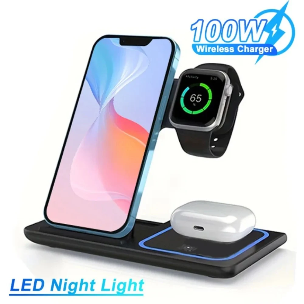 Supporto per caricabatterie wireless pieghevole con luce notturna 3 in 1 da 100 W per iPhone 16-12 Stazione di ricarica rapida Apple Watch Airpods Pro Samsung