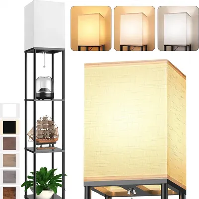 Multi-Functional Floor Lamp with Tiered Shelf | Fabric Shade & Minimalist Design for Living Room/Bedroom (UL Light Bulbs)