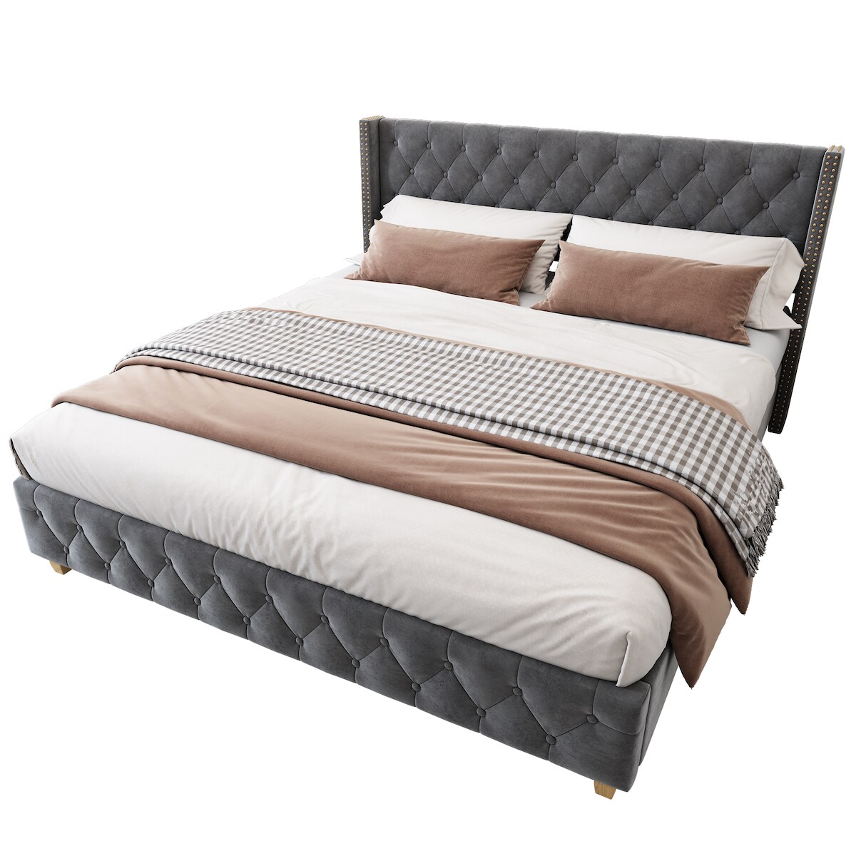 OKWISH Luxuriöses Samt-Polsterbett 160x200 mit Knopf-Tufting, Nietenverzierungen und verstärkten Bettbeinen – Elegantes Design für maximalen Komfort Grau Image