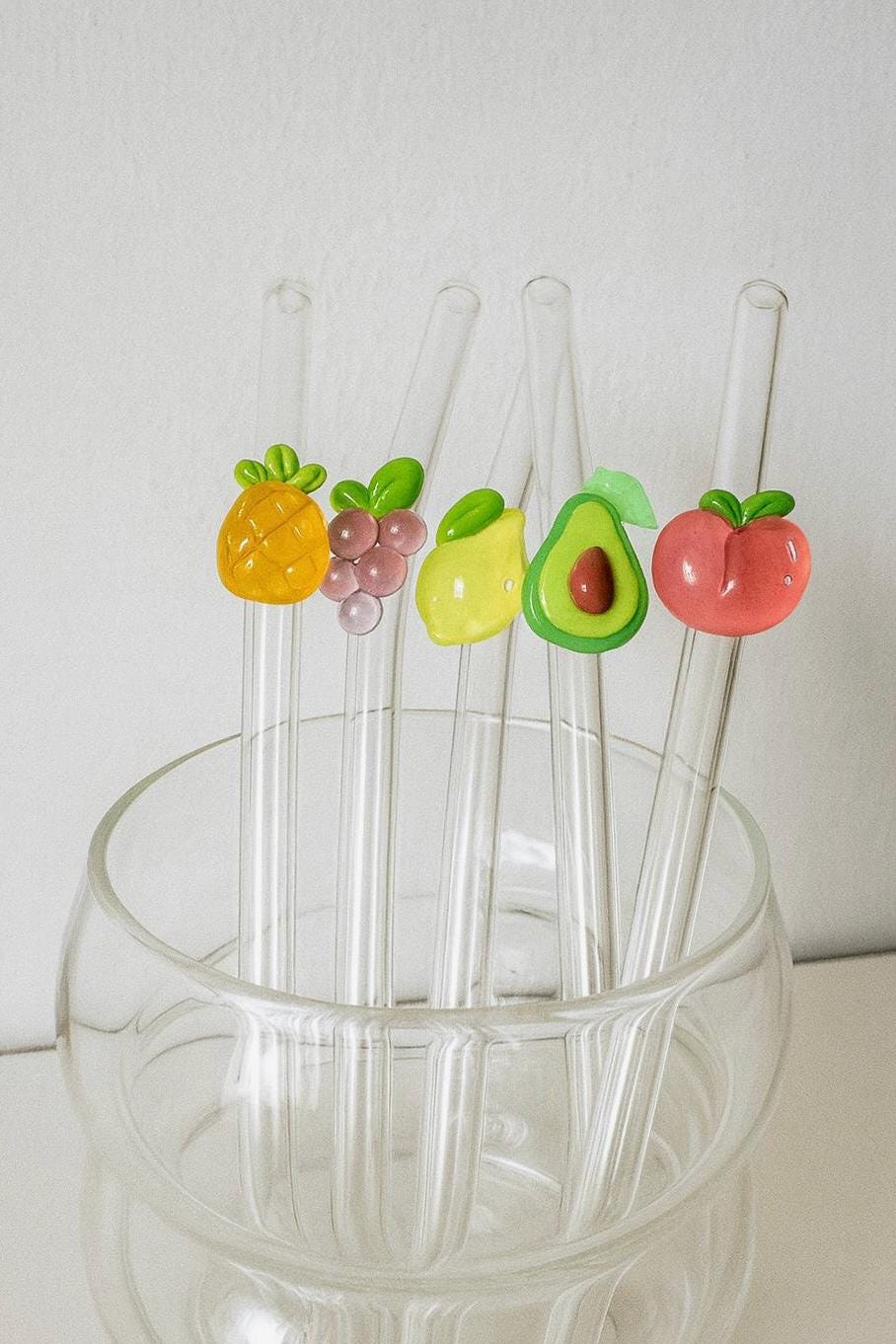 Cannucce di vetro con disegno di frutta | Cannucce di vetro riutilizzabili | Cannucce da cocktail colorate | Idea regalo e decorazione estiva, frutta