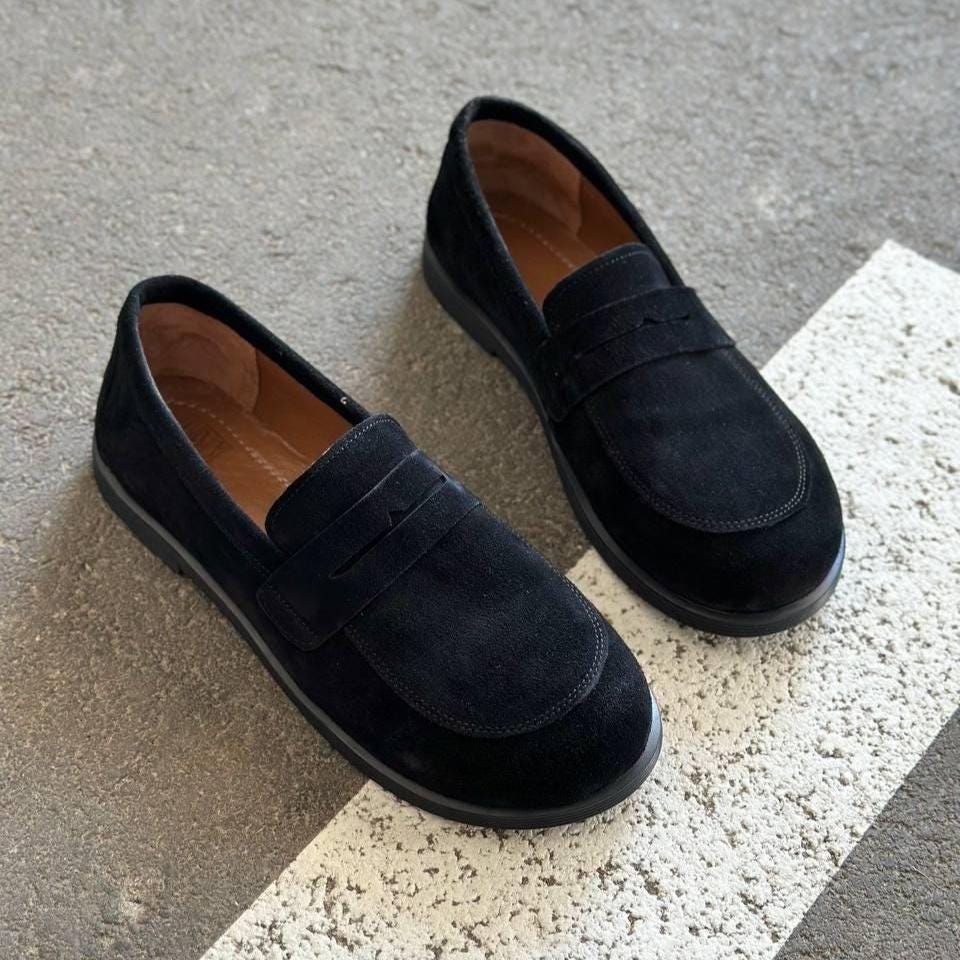 Mocassini in pelle naturale, scarpe slip-on da donna con punta tonda, scarpe basse casual con suola morbida, comodi mocassini in pelle scamosciata, ca