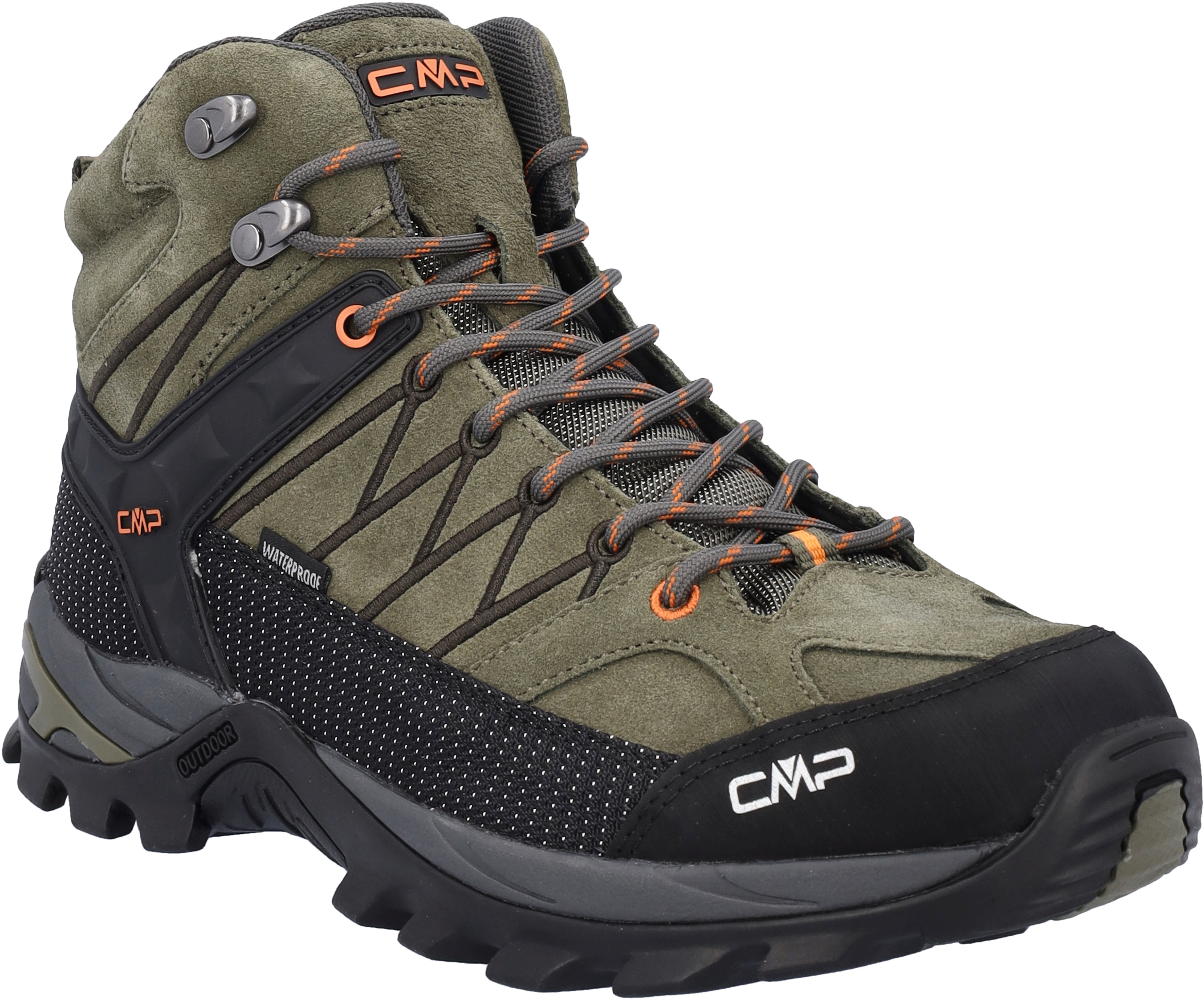 Wanderschuh CMP "RIGEL MID TREKKING SHOES WP", Gr. 42, grün (olive, flame), Leder, Schuhe, wasserdicht