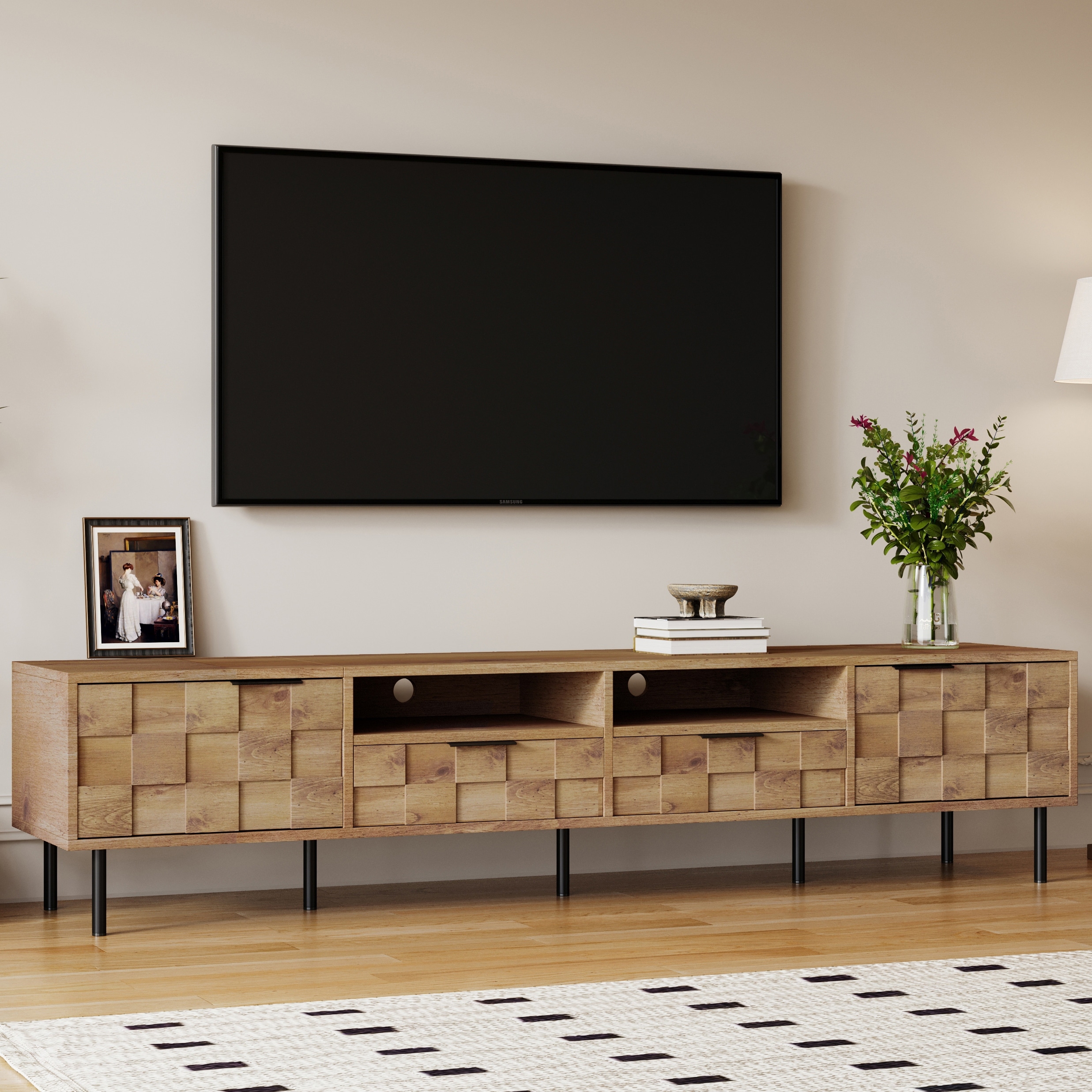 Wood TV Stand with Cabinets and Open Storage, Media Console Table, Entertainment Center with 2 Drawers