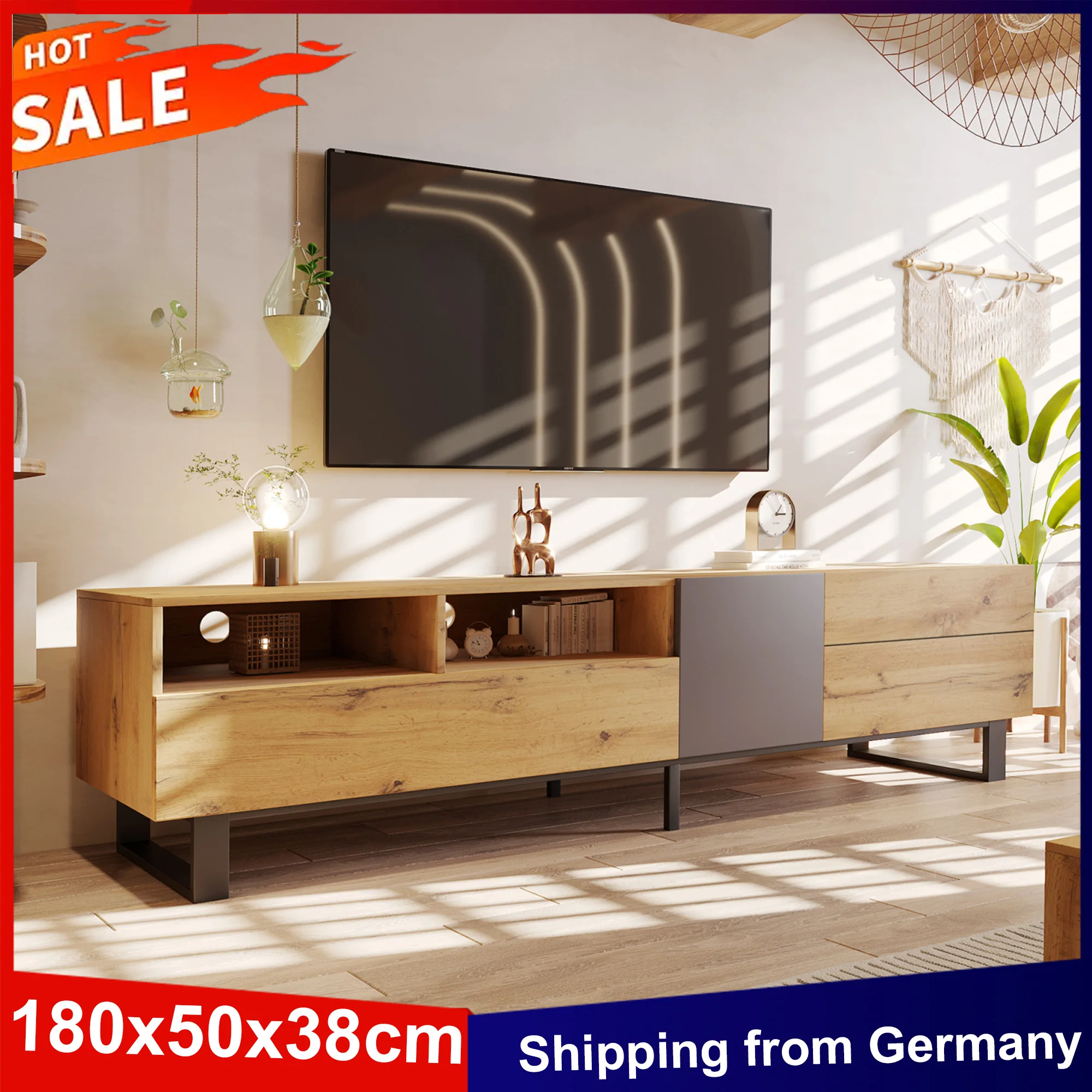 Anajqaqia 180 x 50 x 38 cm TV-Schrank mit 2 Türen und 2 Schubladen, farbblockierendes TV-Lowboard, moderner TV-Ständer für Wohnzimmer, Schlafzimmer Image