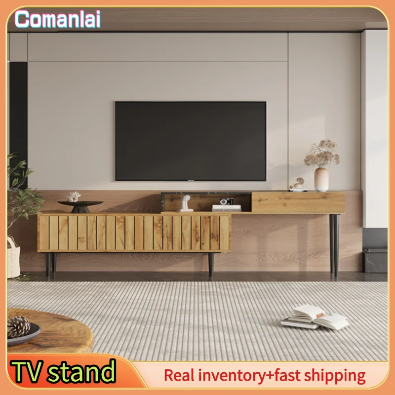 Comanlai Moderner TV-Ständer, TV-Schrank mit Marmor- und Holzmaserungsdesign, PVC-Kante, Eisenbeine, dunkle Holzfarbe, für Wohnzimmer