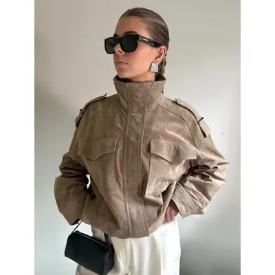 Winter Khaki Suede Leather Women's Jacket Fashion Stand Collar Zippers Pockets Women Coat 2025 Autumn New Female Vintage Outwear
