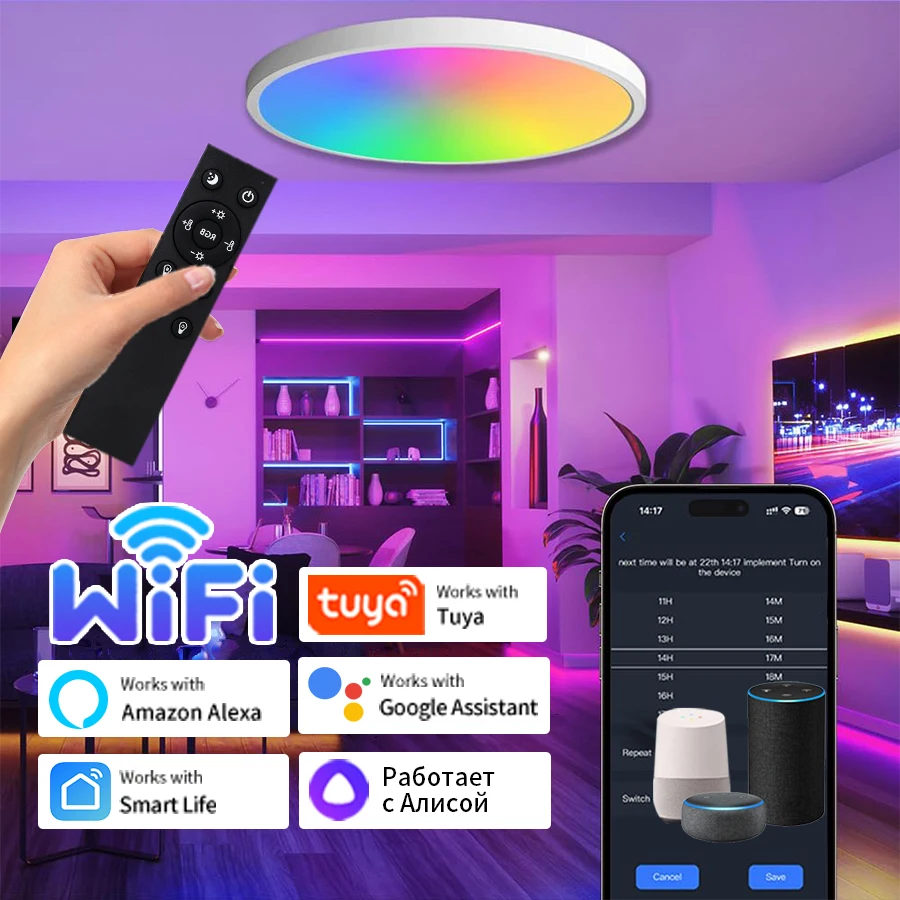 Tuya Wifi Led-deckenleuchte 220 V mit RF 2,4G Fernbedienung Gruppensteuerung Alexa Google Smart Leben RGB Weiß Unterputzleuchte Image