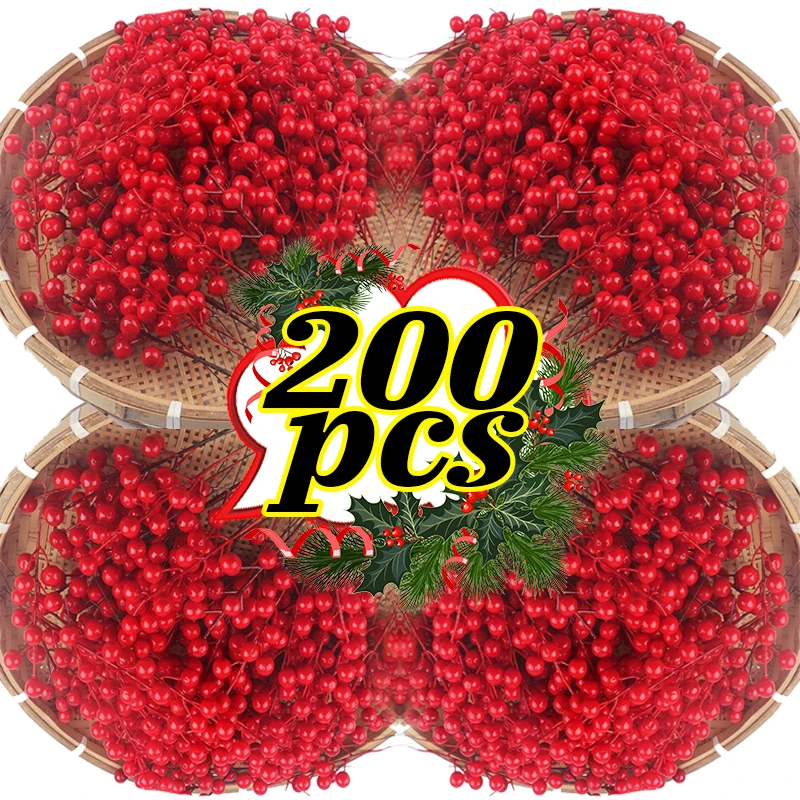 200/10pcs Christmas Artificial Red Berries Stems 7 Head Fake Holly Berry Flowers for Xmas Tree Ornaments DIY Wreath Party Decor